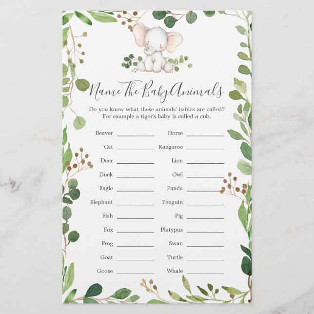 Chá de fraldas Elefante Nome Dos Animais Bebês (Frente)