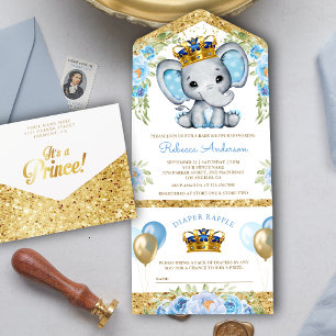 Chá de fraldas Elefante Príncipe Floral Azul-Cento