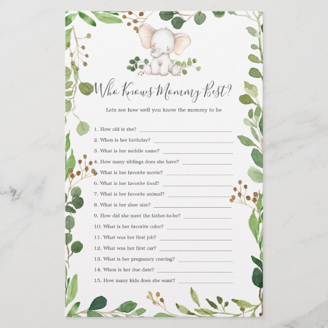 Chá de fraldas Elefante Que Conhece Melhor A Mamãe (Frente)