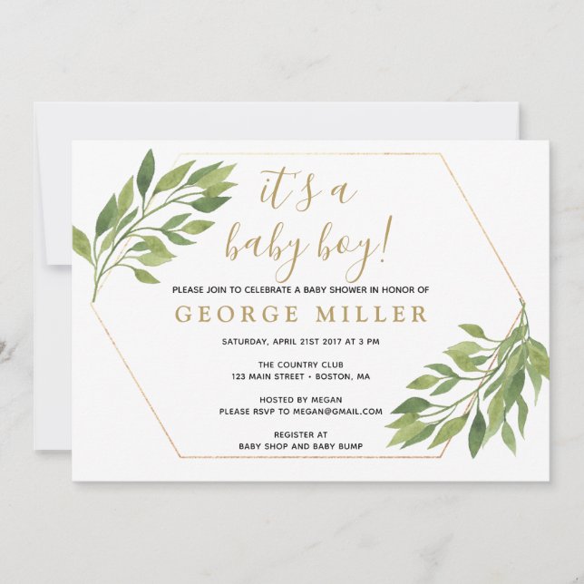 Chá de fraldas elegante verde e convite para ouro (Frente)