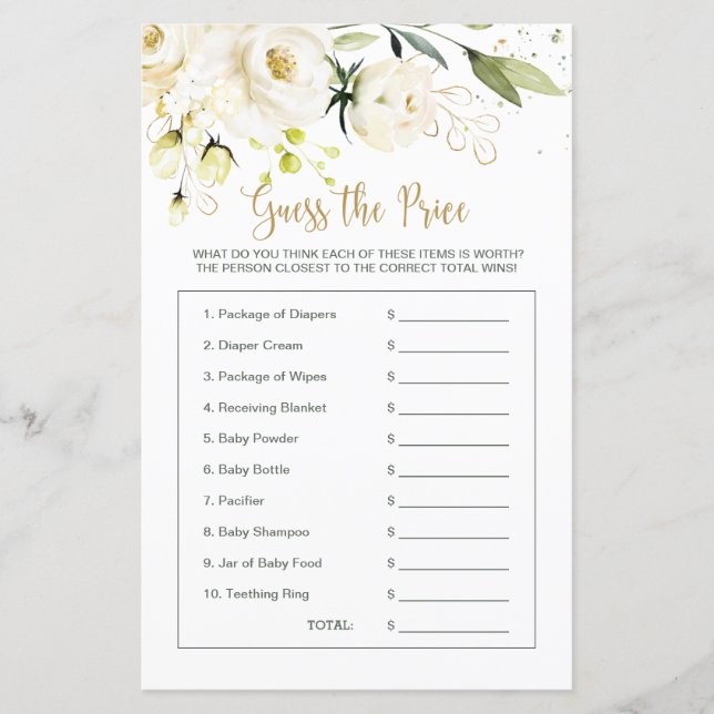 Chá de fraldas Floral adivinha o jogo do preço (Frente)