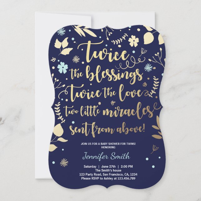Chá de fraldas Gêmeo Convite Dourado de marinho Az (Frente)