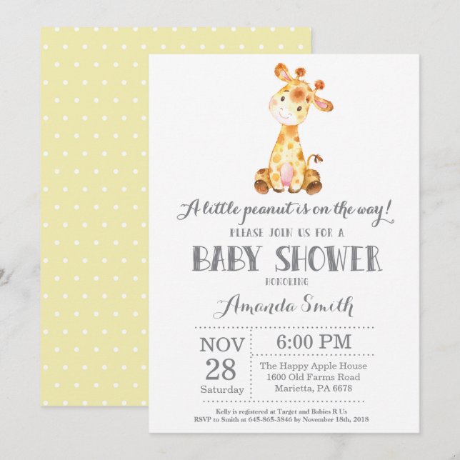 Chá de fraldas Giraffe Convite Amarelo e Cinza (Frente/Verso)
