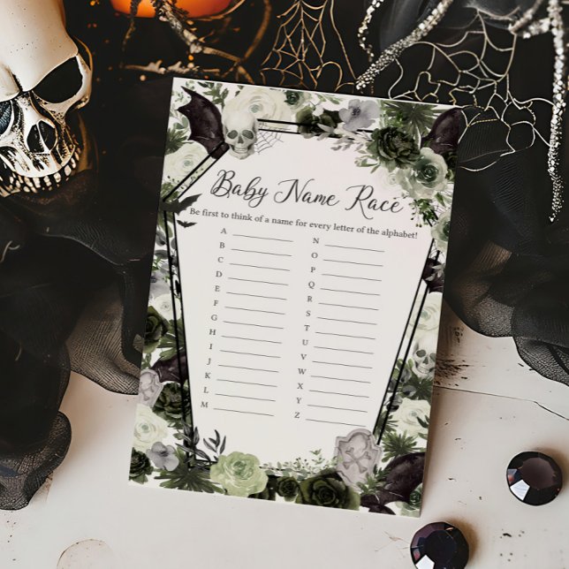 Chá de fraldas Gótico Floral Jogo Raça do Nome do  (Floral Gothic Coffin Baby Shower Baby Name Race Game)