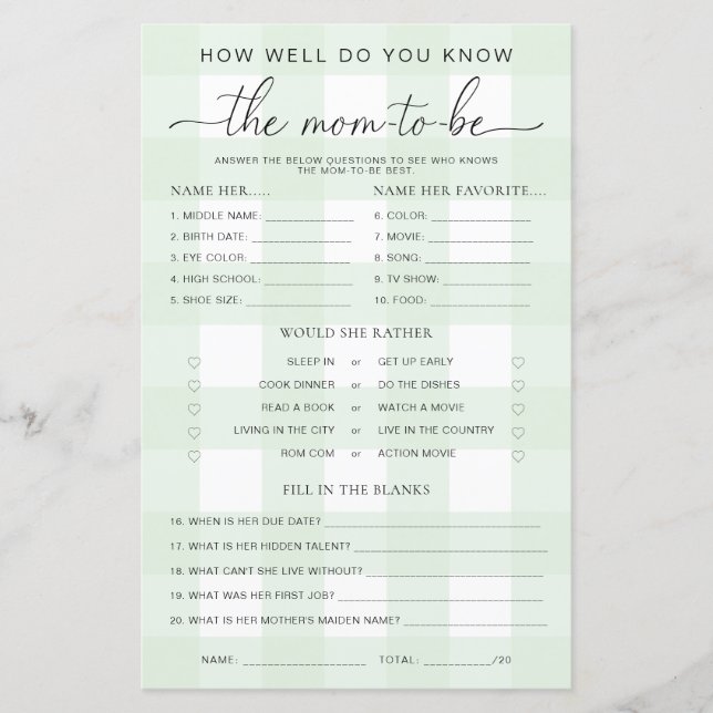 Chá de fraldas Green Gingham Conhece o jogo da mam (Frente)