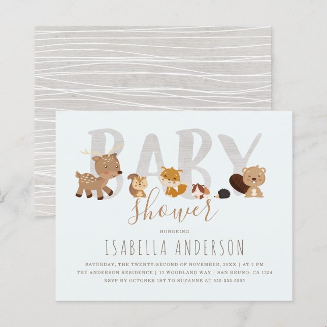 Chá de fraldas neutro de animais de madeira azul d (Frente/Verso)