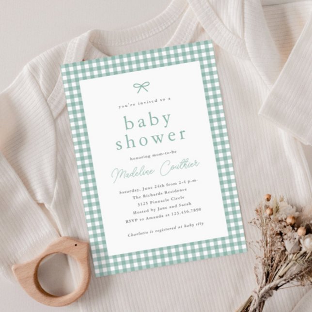 Chá de fraldas Neutro Sage Verde Gênero Simples (Simple Sage Green Gingham Gender Neutral Budget Baby Shower Invitations.)