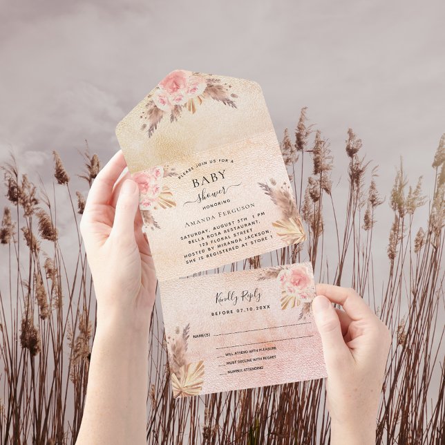 Chá de fraldas pampas florais de rosa de ouro RSVP (Criador carregado)