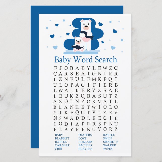 Chá de fraldas Polar Jogo de Pesquisa do Word (Frente/Verso)