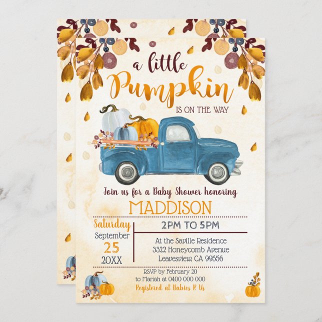 Chá de fraldas Pumpkin Convite Caminhão Pumpkins R (Frente/Verso)