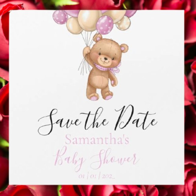 Chá de fraldas Rosa do Balão do Urso de Teddy Salv (Celebrate your special day with our Teddy Bear Balloon Pink Baby Shower Save the Date)