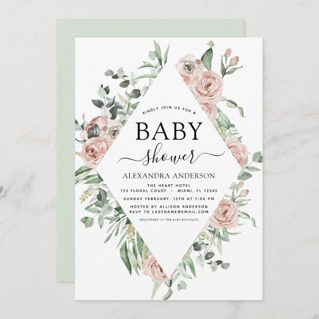 Chá de fraldas rosa Dusty Calor Verde Convite (Frente/Verso)
