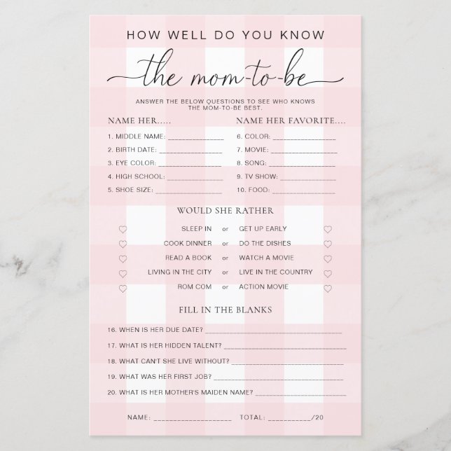 Chá de fraldas Rosa Gingham Conhece o jogo da mamã (Frente)