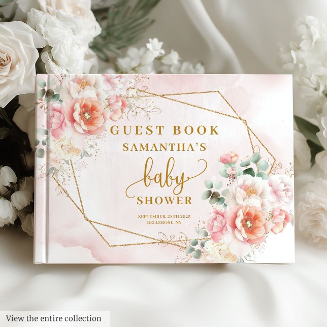 Chá de fraldas rosa-pincel e livro de hóspedes flo (Baby shower blush pink and gold floral guest book)