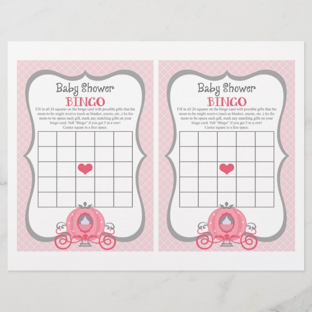 Chá de fraldas Rosa Princesa Jogo Bingo (Frente)