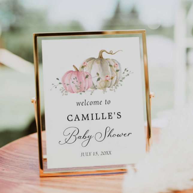 Chá de fraldas Rosa Pumpkin Ra Bem-vindo Poster (Fall Pumpkin Girl Baby Shower Welcome Print)