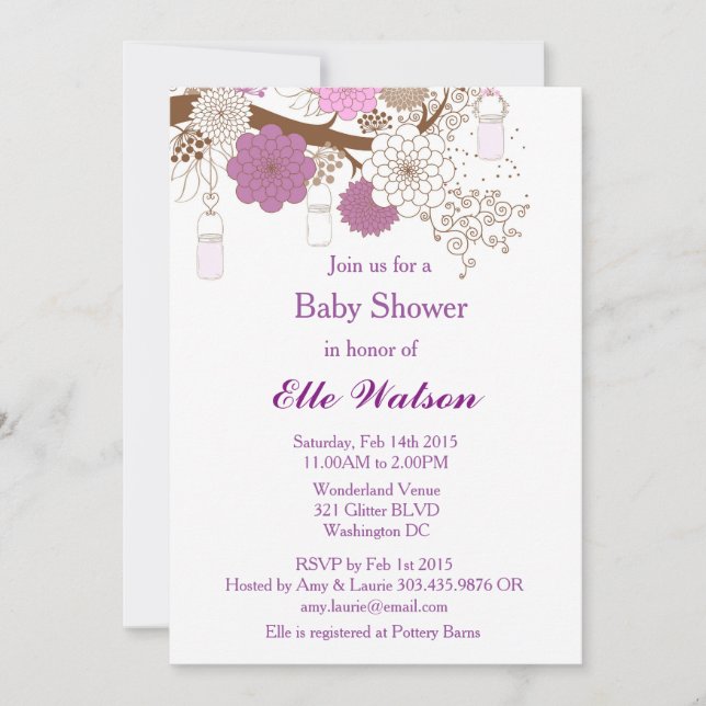 Chá de fraldas Roxo Mason Jar, Convite Para Chá de (Frente)