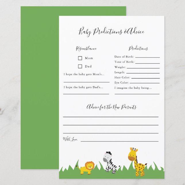 Chá de fraldas Safari Predições e Jogo de Aconselh (Frente/Verso)