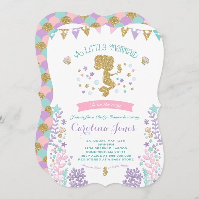 Chá de fraldas Sereia Convite Rosa Roxo (Frente/Verso)