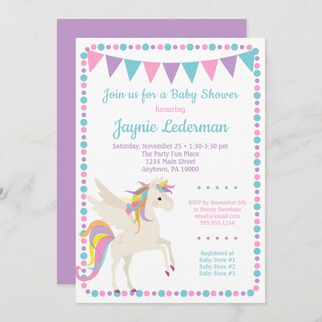 Chá de fraldas Unicórnio Convite Sexo Neutro (Frente/Verso)