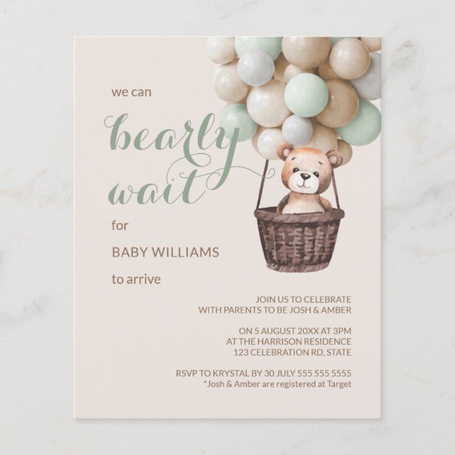 Chá de fraldas Verde do Balão de Ursinho de Espera (Frente)