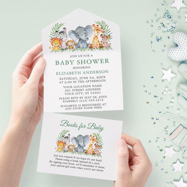 Chá de fraldas Verde e Livros Safari (All In One Baby Shower Invitation with Books for Baby tear off card.)