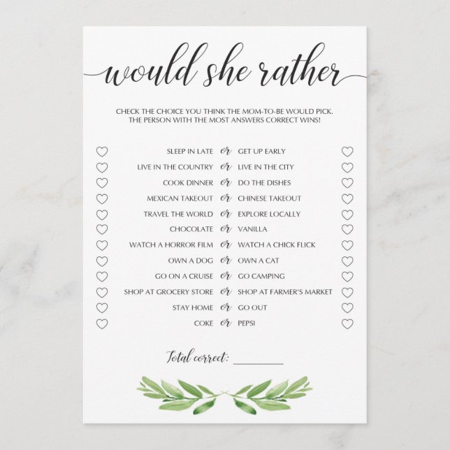 Chá de fraldas Verde Ela Preferencialmente Cartões (Frente)