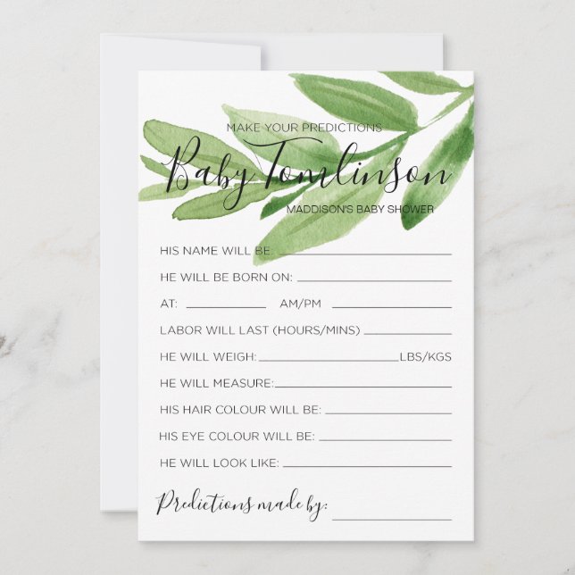 Chá de fraldas Verde Previsões Adivinha Cartão de  (Frente)