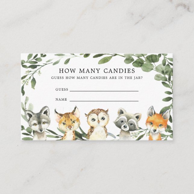 Chá de fraldas Woodland Adivinha Quantos Cartões D (Frente)