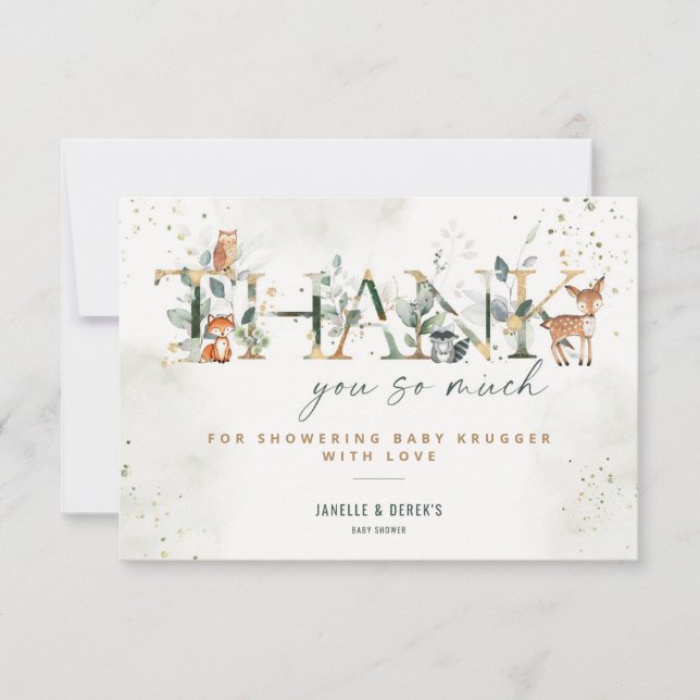 Chá de fraldas Woodland Greenery Obrigado Cartão N (Frente)