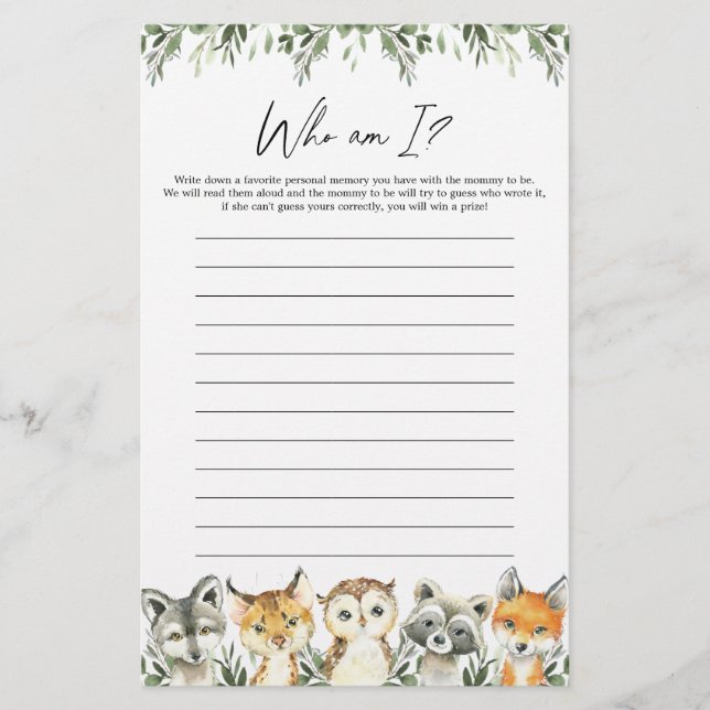 Chá de fraldas Woodland Que Sou Eu Jogo (Frente)