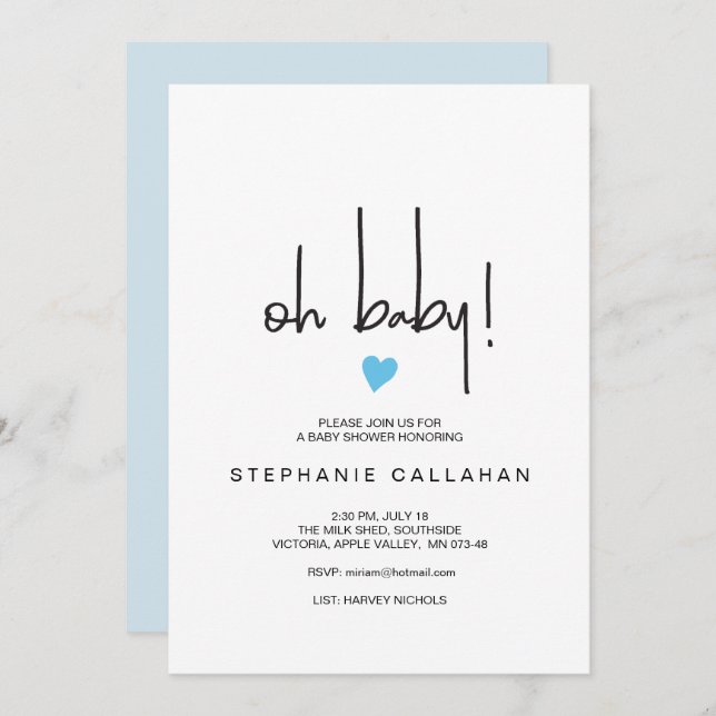 Chá de Menino Moderno Convite de Coração Azul Moti (Frente/Verso)