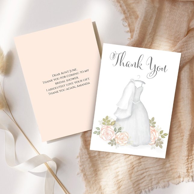 Chá de Noiva Agradecimento Vestido de Noiva (Bridal shower thank you card with elegant white wedding dress. )