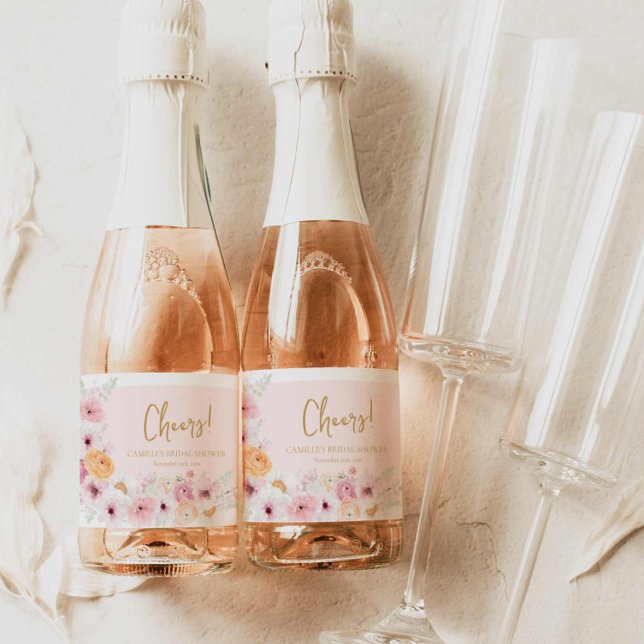 Chá de Noiva Floral Rosa (Elegant Pink floral Cheers Mini Champagne label )