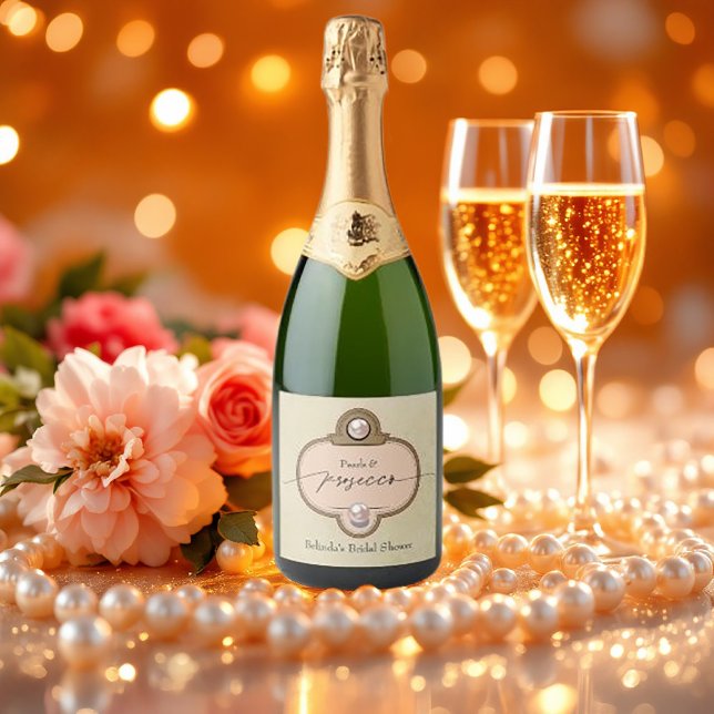 Chá de Noiva Pérolas e Prosecco Estilo Vintage (Vintage Chic Pearls and Prosecco Bridal Shower Sparkling Wine Label)