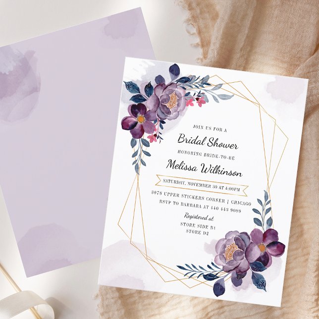 Chá de panela Botânico do Blush Roxo Floral (Floral Purple Botanical Bridal Shower Invitation)
