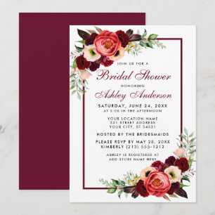 Chá de panela Burgundy Floral Boho Convite B