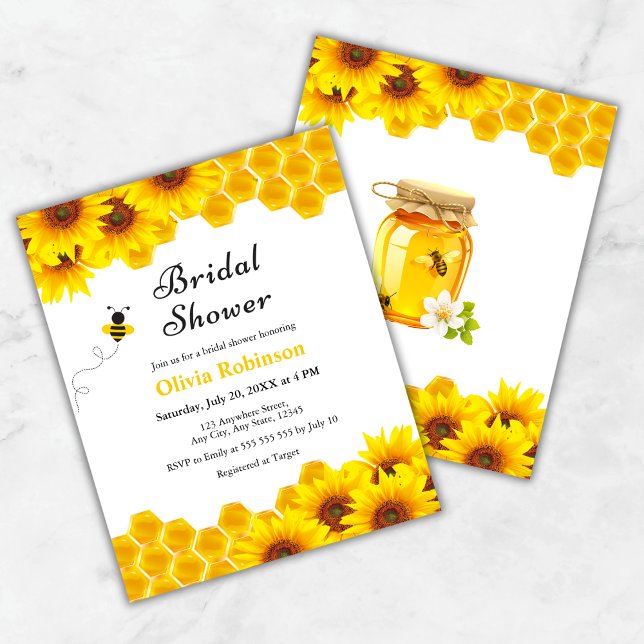 Chá de panela de Abelhas Amarelo (Budget Yellow Floral Honey Bee Bridal Shower Invitation )