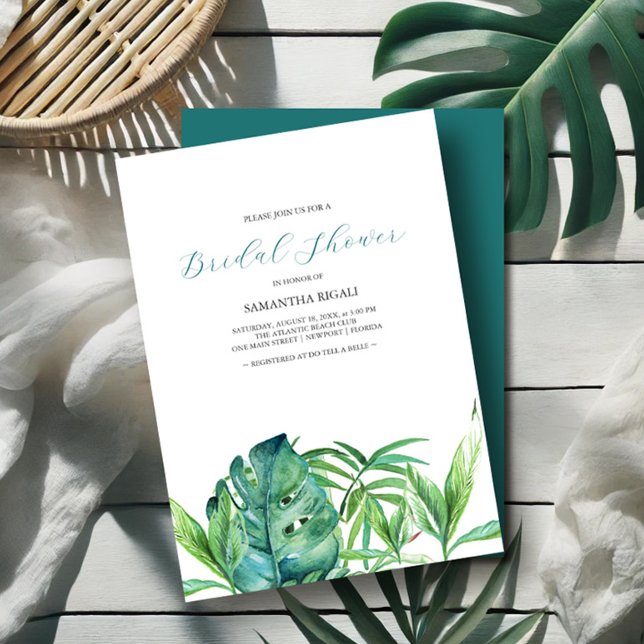 Chá de panela de Aquarelas de Palmeiras Tropicais (Bridal shower invitations watercolor tropical leaves art by Victoria Grigaliunas Do Tell A Belle)