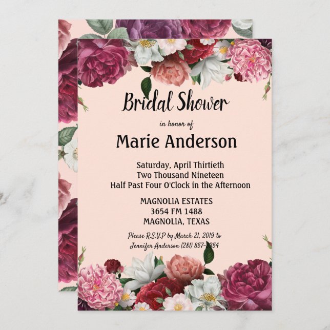 Chá de panela de Borgonha Elegante e Flores Rosa (Frente/Verso)