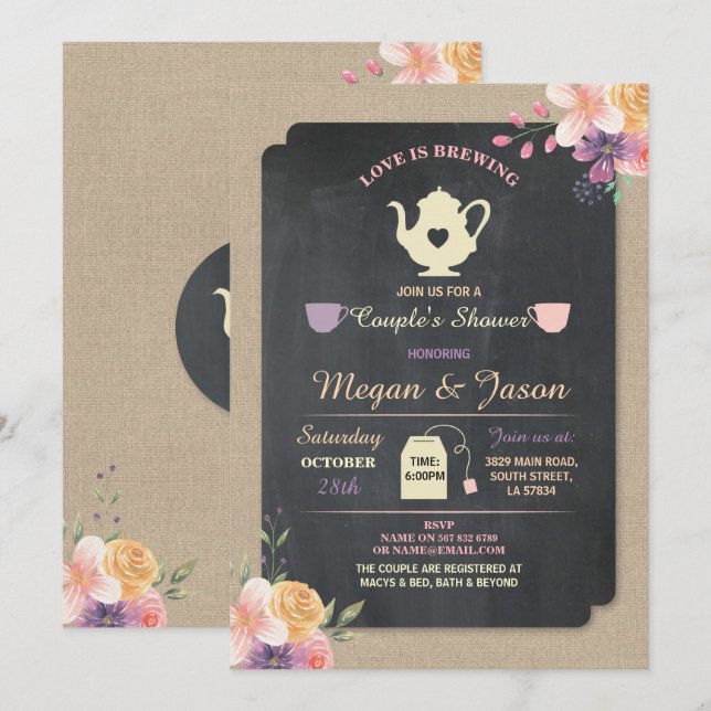 Chá de Panela de Casal LOVE IS BREWING Convite de  (Frente/Verso)