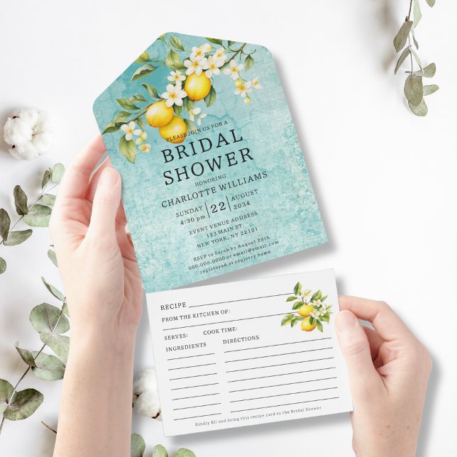 Chá de panela De Limão De Aquarela Com Receita (Watercolor Lemon Bridal Shower With Recipe All In One Invitation
)
