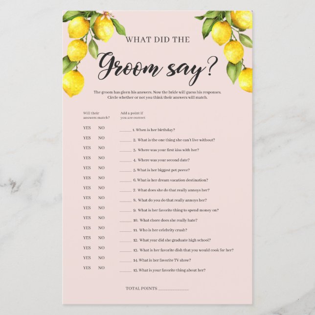 Chá de panela de limão O que o noivo disse jogo (Frente)