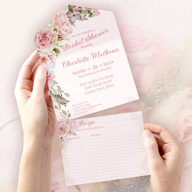 Chá de panela de Rosas de Aquarela Rosa (Pink Watercolor Roses Bridal Shower All In One Invitation, easy-to-tear-off perforated Recipe Card.)