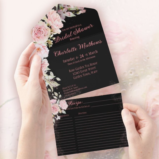 Chá de panela de Rosas de Aquarela Rosa (Pink Watercolor Roses design, Moody Black background, with easy-to-tear-off perforated Recipe Card.)