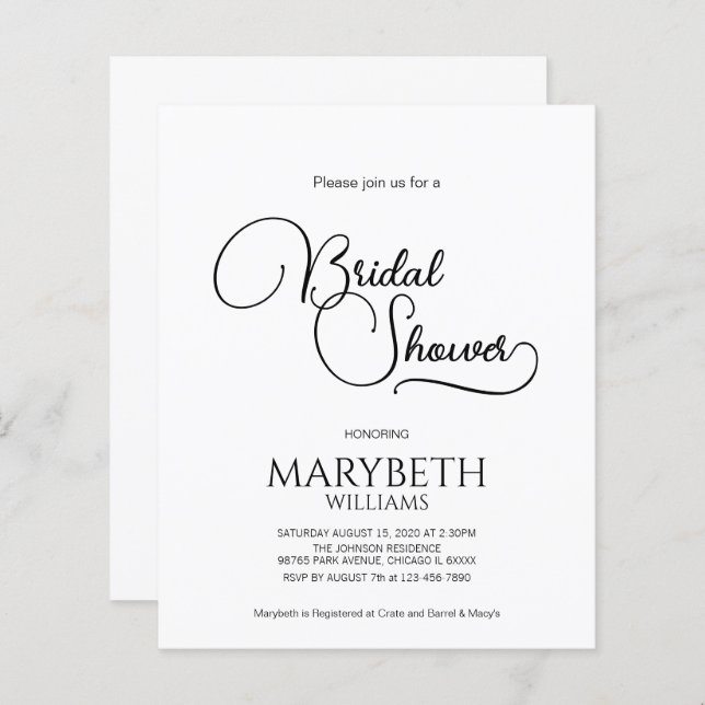 Chá de panela de Script Elegante Simples de Orçame (Frente/Verso)