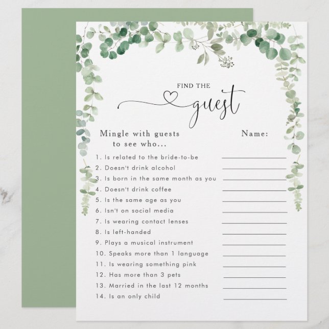 Chá de panela Eucalyptus Encontre o Jogo Convidado (Frente/Verso)