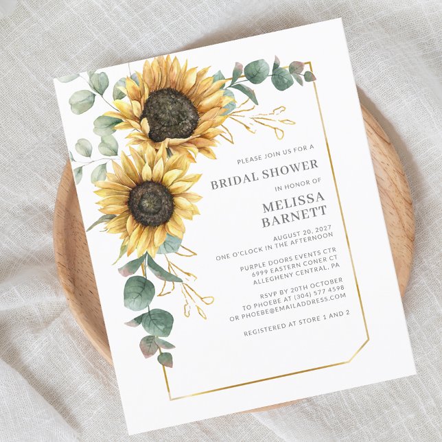 Chá de panela Eucalyptus Sunflower (Modern Sunflower Eucalyptus Script First Last Name Bridal Shower Invitation)