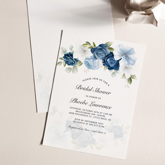 Chá de panela Floral Azul Dusty (Dusty Blue Floral Watercolor Greenery Bridal Shower Invitation)