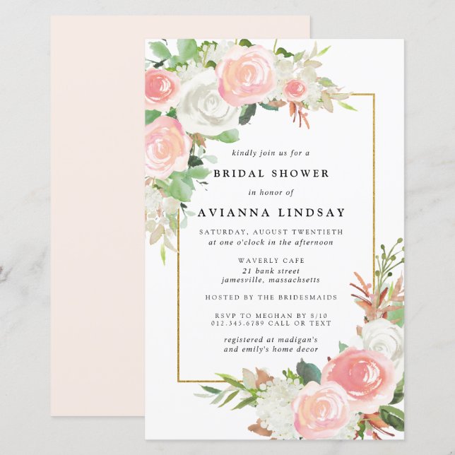 Chá de panela Floral Branco Cor-de-Rosa Orçamental (Frente/Verso)